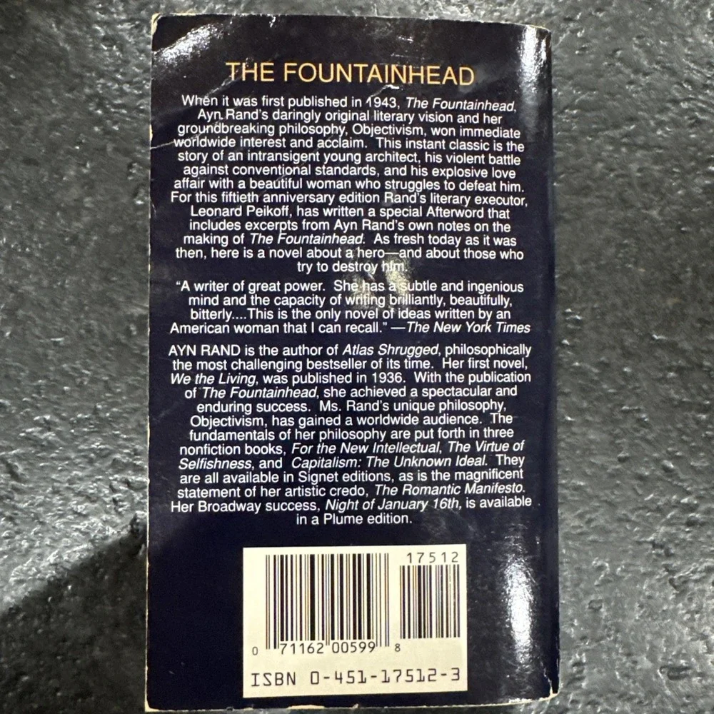Ayn Rand the Fountainhead 50th Anniversary Edition 1993